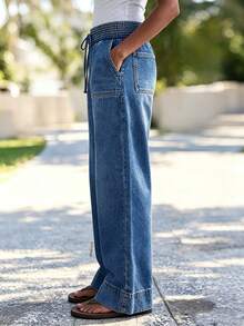 Women's Casual And Elegant Wide-Leg Denim Trousers, Featuring Pockets And A Gathered Waistband, Long, Washed, And Relaxed Fit. - Medium Wash - View 3