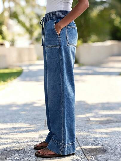 Women's Casual And Elegant Wide-Leg Denim Trousers, Featuring Pockets And A Gathered Waistband, Long, Washed, And Relaxed Fit.