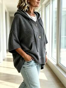 Plus Size Hooded Knit Sweater, Loose 3/4 Sleeve Drawstring V-Neck Pullover, Women's Winter Vacation & Outdoor Wear - Dark Grey - View 5
