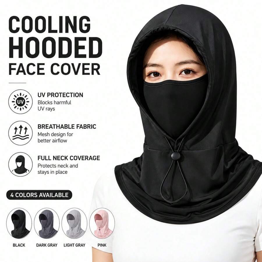 1pc Ice Silk Hooded Sun Protection Face Mask, Breathable Neck Guard Head Cover For Men And Women, Adjustable Drawstring, Cycling Outdoor Sun Protection Hat Cover, 4 Colors Available - Multicolor - View 1