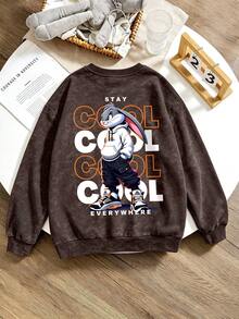 1pc Teen Boys Crew Neck Sweatshirt, Cartoon Rabbit & English Print, Kids Clothing, Autumn/Winter Kids Top - Brown - View 1