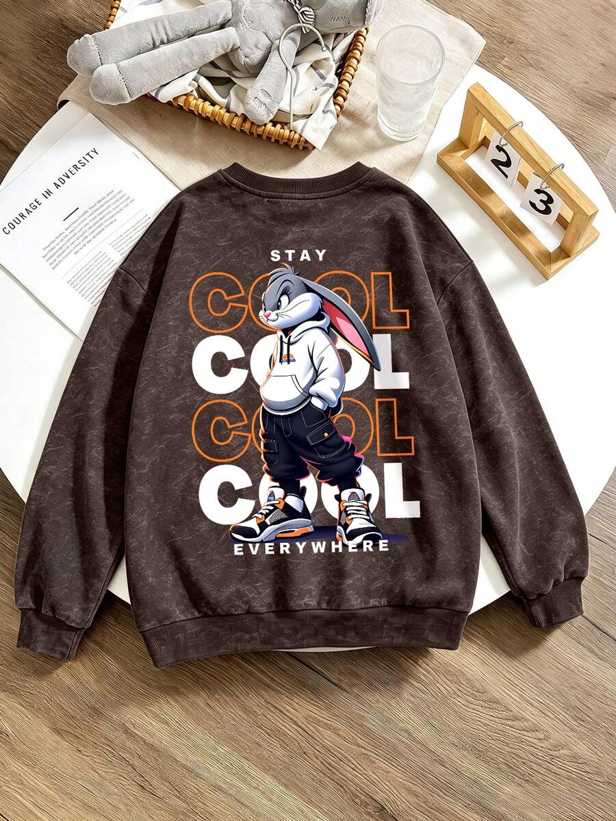 1pc Teen Boys Crew Neck Sweatshirt, Cartoon Rabbit & English Print, Kids Clothing, Autumn/Winter Kids Top - Brown - View 1