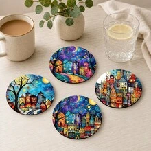 6pcs, Small Town Pattern Printed Diatomaceous Earth Coasters, Absorbent Drink Coasters, Coffee Cup Coasters, Mug Coasters, Tea Cup Coasters, Desktop Protection Pads, Suitable For Dining Table, Coffee Table, Bar Counter And Office Desk Decoration - Multicolor - View 9