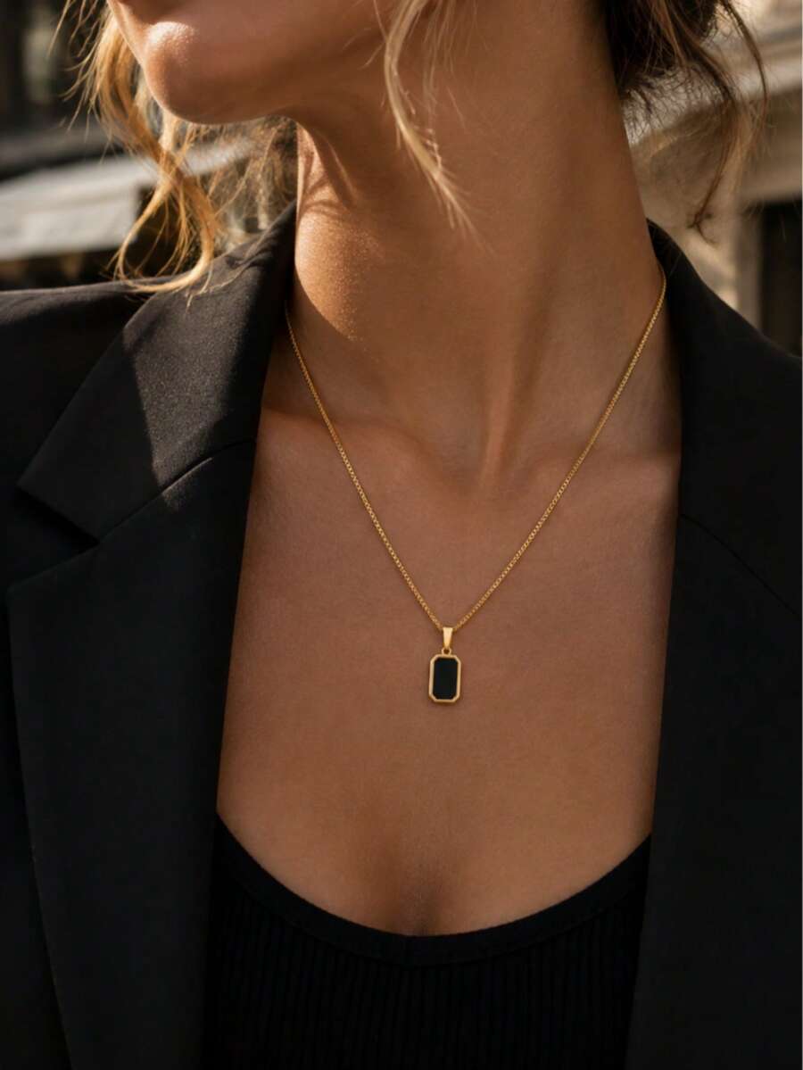 Gold Stainless Steel Black Rectangle Pendant Necklace For Women, Minimalist Tag Charm Box Chain, Waterproof Everyday Jewelry Christmas Gift For Her - Gold - View 1