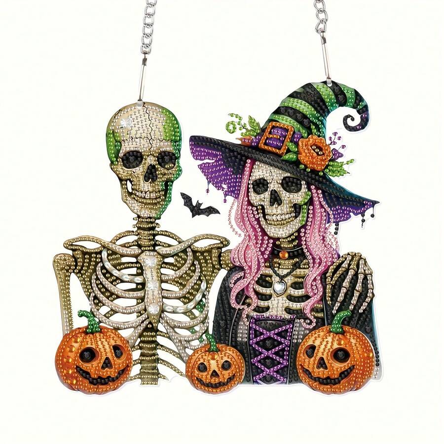 2D Flat Diamond Painting Set, 5D Halloween Skull Acrylic Crystal Pendant Wall Decor Beginner DIY Handmade Ornament, 2D Flat - A - View 1
