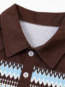 1pc Tween Boys Casual Fashion Retro Patchwork Fair Isle Print Long Sleeve Polo Sweatshirt, Spring/Autumn - Brown - View 5