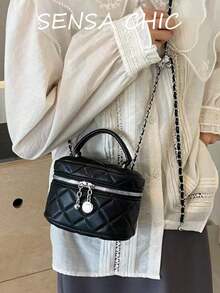 Quilted Rhombus Textured Pattern Black Solid Color Mini Box Bag, Handheld Chain Crossbody 2-In-1 Small Bag, Wrap-Around Double Zipper Full Closure Design, Square Mini Makeup Storage Bag, Suitable For Dating, Store Visiting, Shopping, Short Trips, Exquisite Versatile Crossbody Bag - Black - View 4