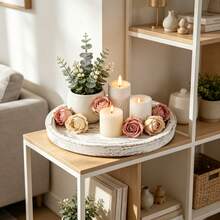 Wooden Candle Tray For Coffee Table, Plate Round Decorative Serving Tray, Vintage Table Centerpiece Rustic Farmhouse Home Decor - White - View 3