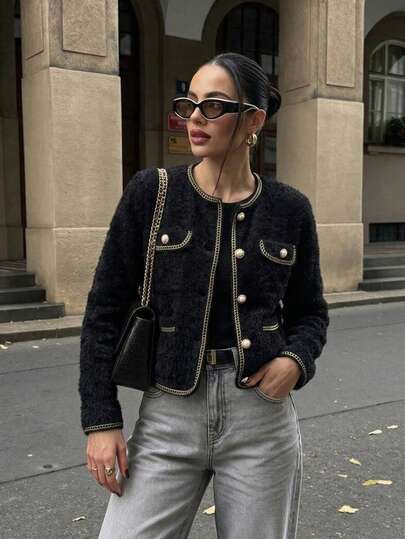 Elegante chaqueta de punto negro para mujer, manga larga cuello redondo, botones dorados con ribete de contraste, corte corto, estilo vintage de otoño e invierno