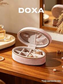 DOXA Pink Velvet Oval Travel Jewelry Box With Compartments And Zipper, Suitable For Rings And Earrings, Empty Box Only - Pink - View 2