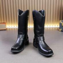 Men's Buckle Western Mid-Calf Riding Boots, Men's Boots, Vintage Work Boots, Outdoor Daily Commute Men's Casual Boots - Black - View 4