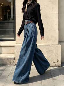 Women's Casual Elegant Denim Wide Leg Pants, With Pockets, Long Washed Fabric, Slightly Elastic, Suitable For Autumn Wear (No Belt) - Vintage Washed Blue - View 7