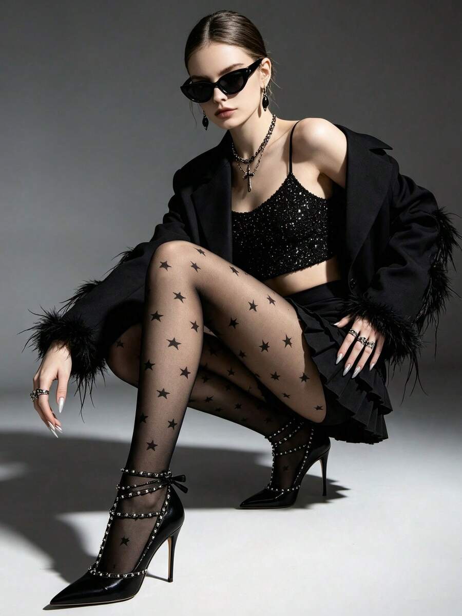 1pc Women's Elastic Tight Leggings, Gothic Vintage Jacquard Black Star Pattern Tights, Y2K Hot Girl Style, Can Be Matched With Pants/Skirts For Halloween And Back To School Outfits - Black - View 1