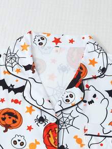 2pcs Halloween Ghost & Pumpkin Print Short Sleeve Collared Top And Bow Shorts Women's Pajama Set Loungewear - White - View 3