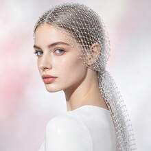 Women Rhinestone Fishnet Full Head Cover, Sparkly Crystal Mesh Head Wrap, Elegant See-Through Headpiece For Wedding Party & Photoshoot - Silver - View 7