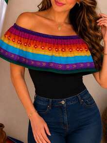 Blusa Mexicana Campesina Patrio Tricolor Tradicional Fiesta Septiembre Playera Olan Tipo Campesino Mujer Dama Juvenil Sexy - Amarillo Mostaza - Ver 5