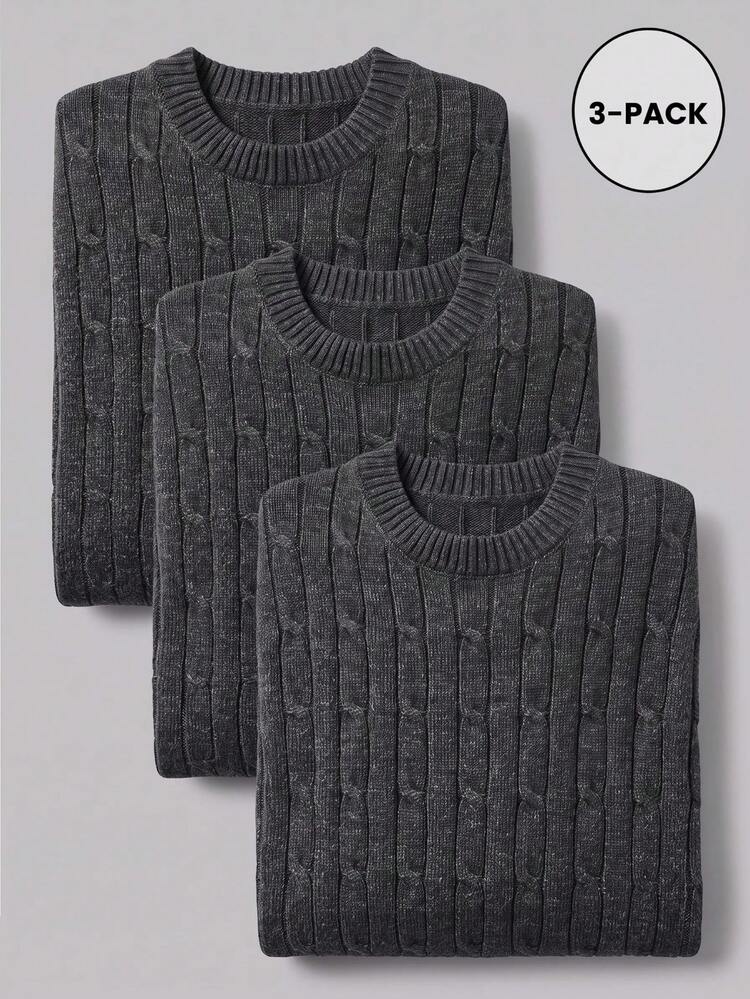 3pcs Men's Twisted Cable Knit Slim Fit Regular Shoulder Round Neck Long Sleeve Sweater - Grey - View 2