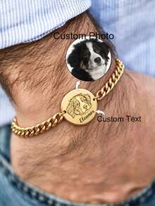 Custom Engraved Pet Portrait And Name Bracelet, Personalized Adjustable Cuban Chain Round Pendant Memorial Bracelet, Unisex For Daily Wear, Birthday Gift, Halloween Gift, Christmas Gift For Cat And Dog Lovers - Multicolor - View 3