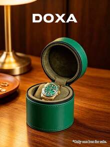 DOXA 綠色圓形拉鍊硬殼單隻手錶收納盒，便攜旅行手錶保護盒，適合商務出差與送禮，僅空盒 - 綠色 - 查看 2