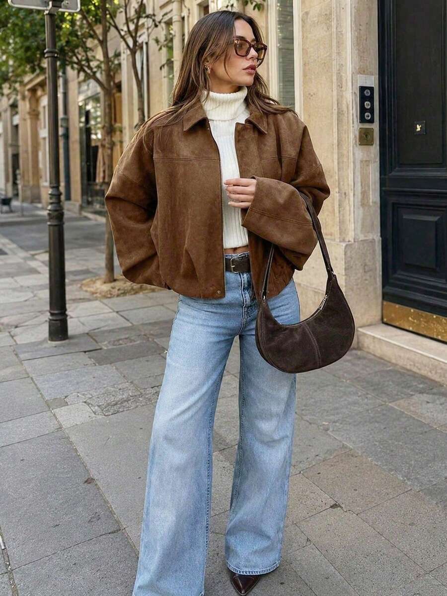 Jaket Bomber Wanita, Mantel Musim Semi, Jaket Retro Lengan Panjang Longgar dengan Resleting, Jaket Gaya Baru, Pakaian Luar Warna Hijau - Khaki - View 1