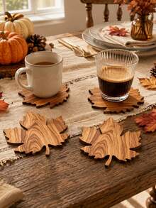 6/2pcs Thanksgiving Maple Wood Coaster Set, Autumn Tabletop Decor, Natural Wooden Coffee Cup Coasters, Rustic Farmhouse Style Kitchen And Dining Table Decoration, Holiday Home Decor Accessories - Multicolor - View 2
