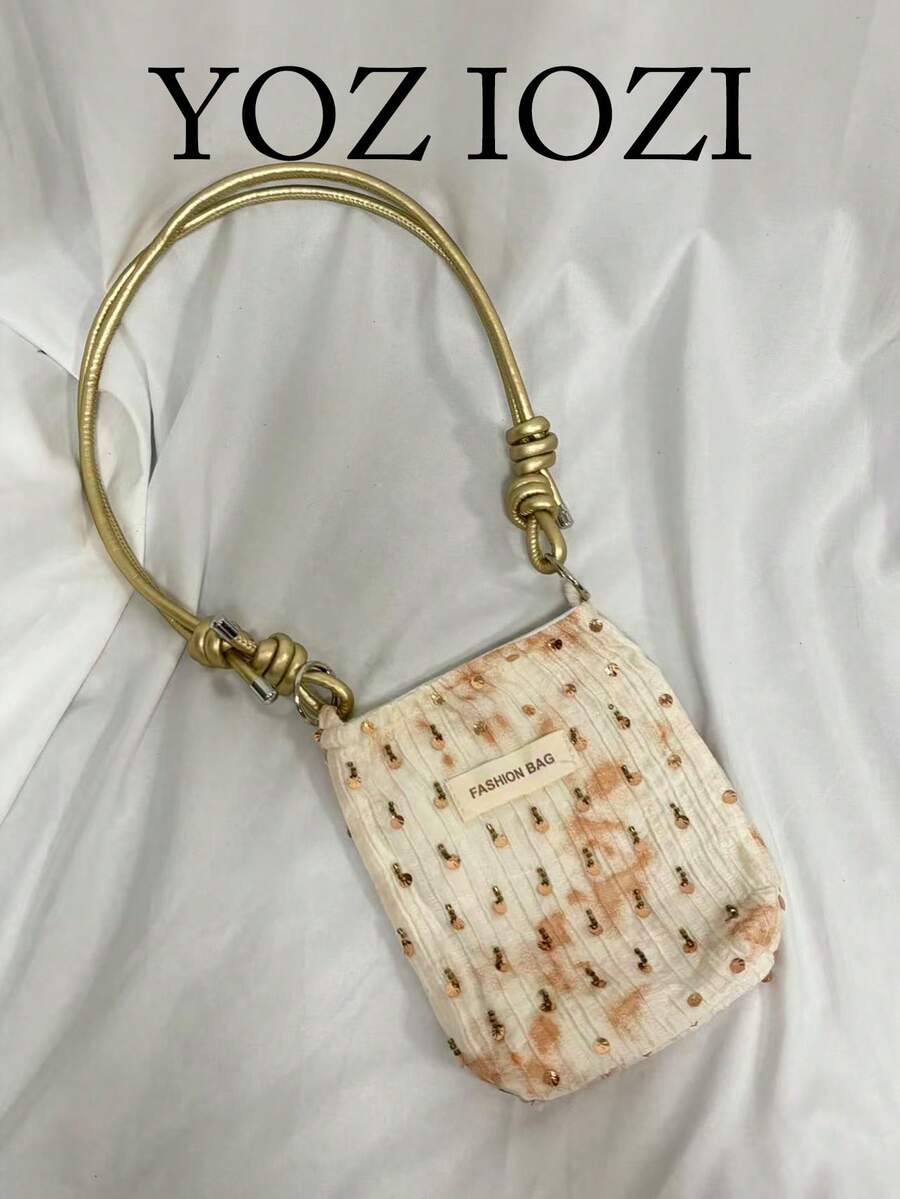 小眾設計珠飾刺繡水桶包,夏季女款單肩斜挎包,新中式時尚百搭通勤逛街日常購物包 - 黃色 - 查看 1