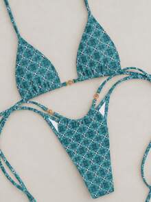 Women's Floral Print Halter Neck Bikini Swimwear Set, Fashionable For Beach Vacation Summer - Multicolor - View 1