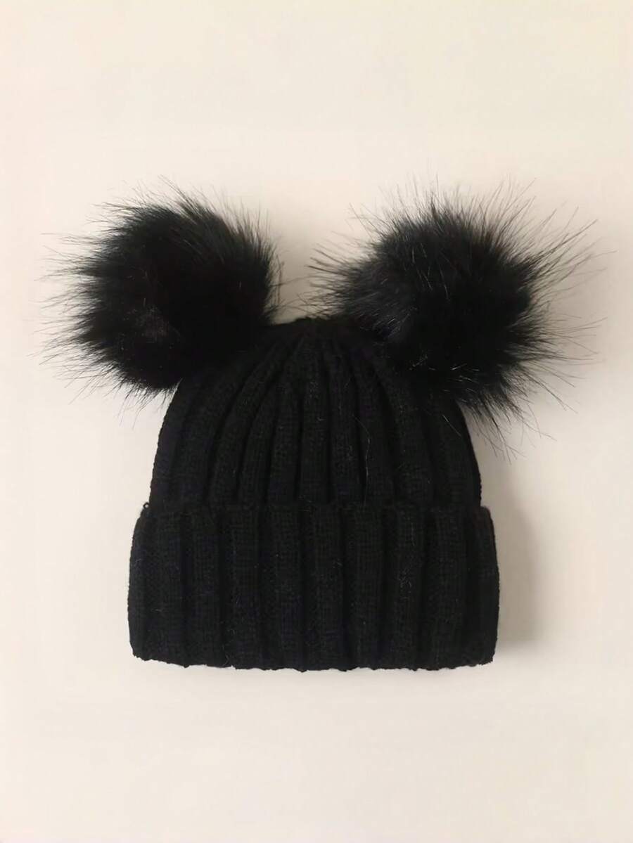 1pc Solid Color Double Pom-Pom Design Children's Knitted Hat, Autumn/Winter Woolen Beanie - 1PC - View 1