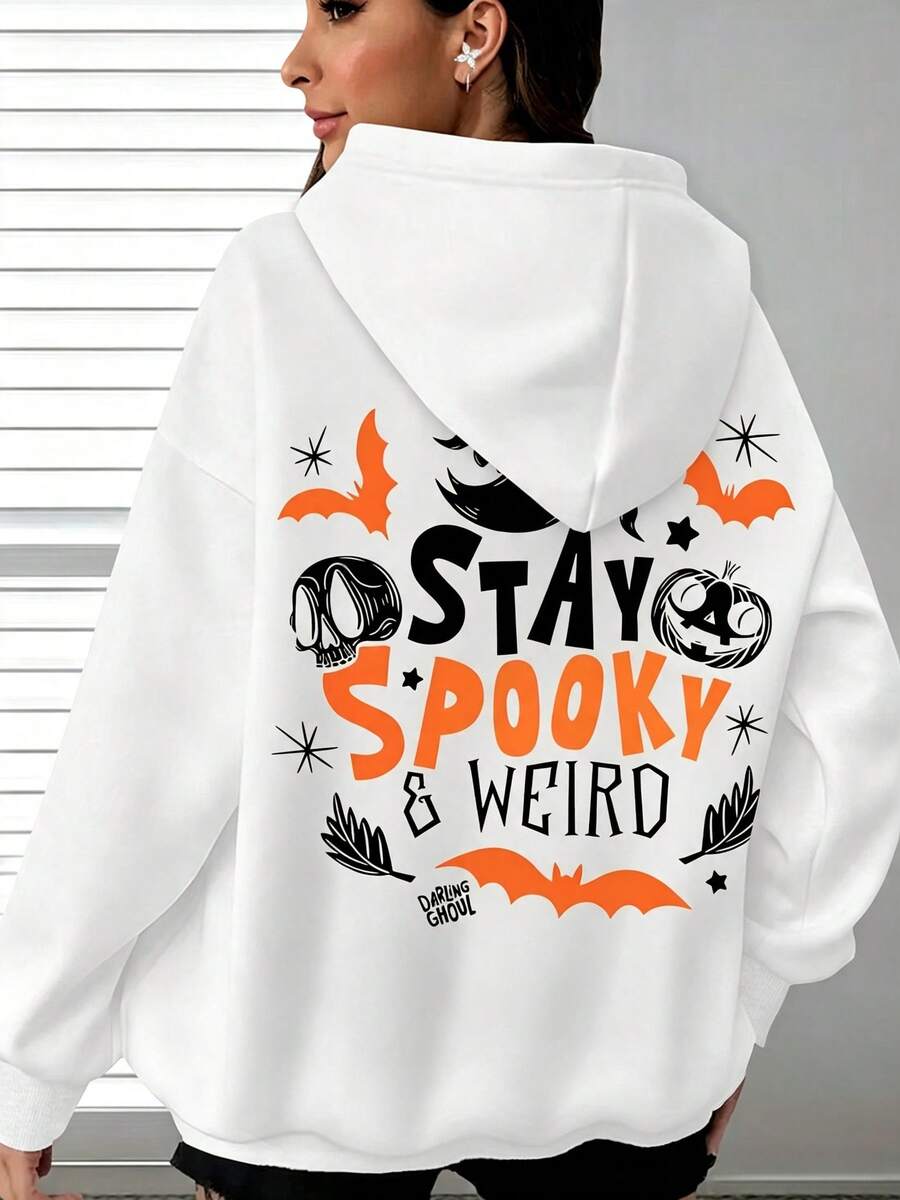 Fall/Winter Plus Size Women's Sweatshirt,Ghosts With A Halloween Theme,Skull And Pumpkin Print,Loose And Comfortable,Equipped With A Kangaroo Pocket,S - 白色 - 查看 1