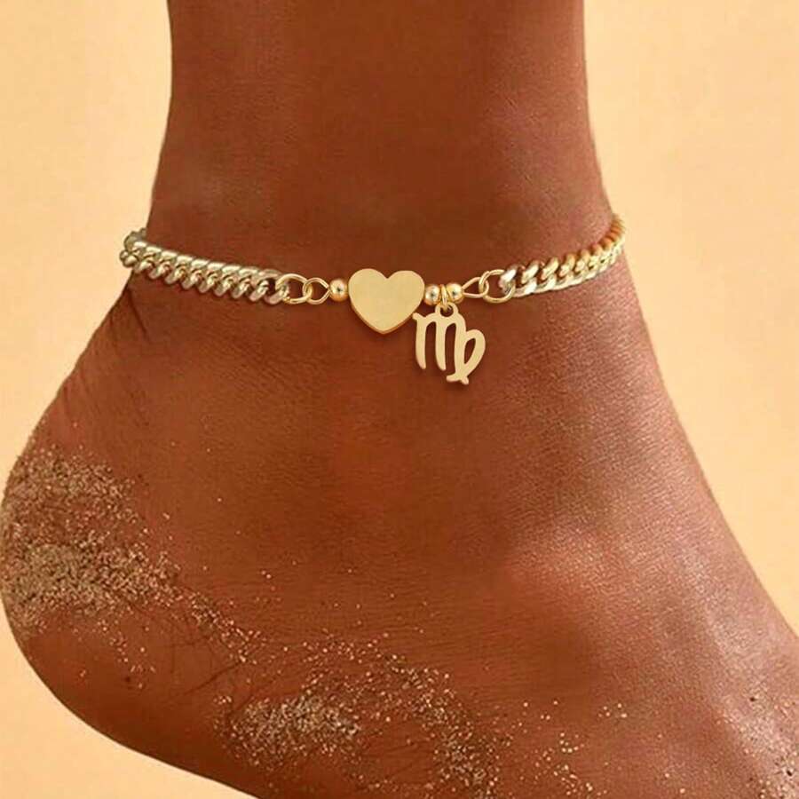1pc Minimalist Fashion Zodiac Heart Gold Stainless Steel Cuban Link Anklet, Women's - Yellow Gold - View 1