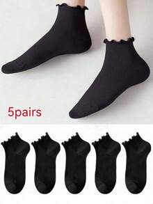 5 Pairs Women's Solid Color Sweet Cute Japanese Style Black Thin Ruffle Socks - Multicolor - View 5