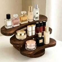 1st Tier 3-Layer Vintage Solid Wood Desktop Perfume & Cosmetic Organizer, Rustic Style Solid Wood Makeup Organizer, Skincare, Jewelry, Perfume, Vanity Display Rack, Luxury Countertop Bathroom Bedroom Vanity Desktop Storage Rack, Home Decor Gift - Coffee Brown - View 3