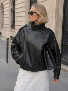 Women's Black PU Leather Jacket, Long Sleeve Zip-Up Bomber Jacket, Autumn/Winter Outerwear, Street Style - 黑色 - 查看 2