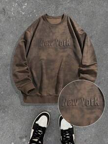 Men's Vintage Tie-Dye Crew Neck Sweatshirt New York Embossed Letter Loose Fit Long Sleeve Top - Brown - View 7