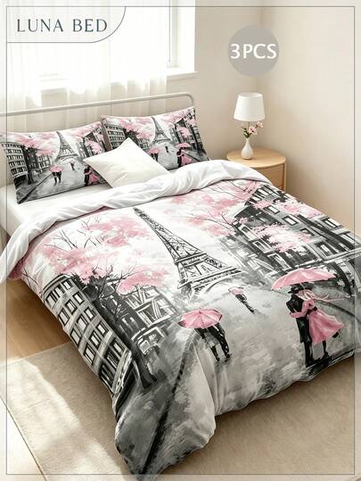 3pcs French Style Duvet Cover Set (1 Duvet Cover + 2 Pillow Shams), Eiffel Tower Printed Bedding Set, Sweet French Street Scene Pattern, Polyester Duvet Cover, Women/Girls Bedding Set (Comforter Not Included)