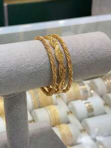 5pcs Classic Arabic Style 21K Gold Plated Leaf Engraving & Twisted Rope Detail Stackable Bracelets, Suitable For Women's Daily Wear And Celebrations - SZ-3 - View 4