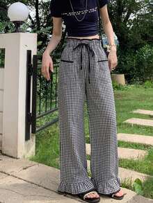 Contrast Plaid High Waist Straight Leg Loose Ruffled Drawstring Casual Women Pants, Spring/Summer - Black and White - View 5