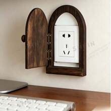 Vintage Arched Fairy Door Wooden Decorative Socket Cover, No-Drill Openable Wall Outlet Concealer Dust Cover - Brown - View 1
