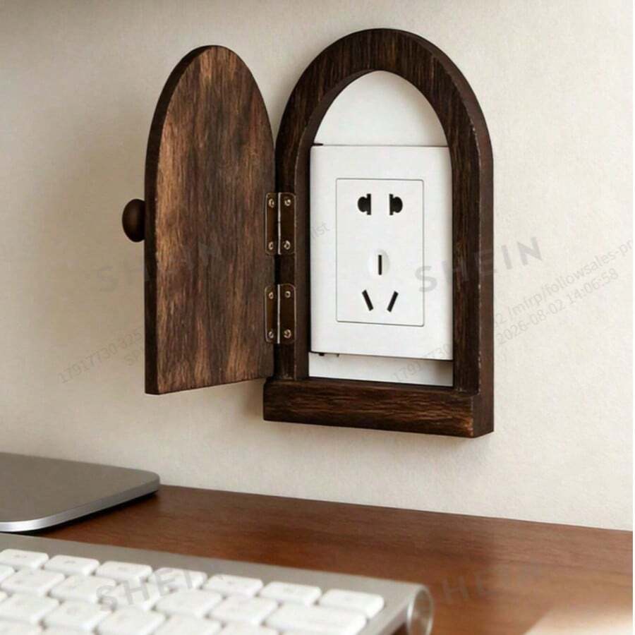 Vintage Arched Fairy Door Wooden Decorative Socket Cover, No-Drill Openable Wall Outlet Concealer Dust Cover - Brown - View 1