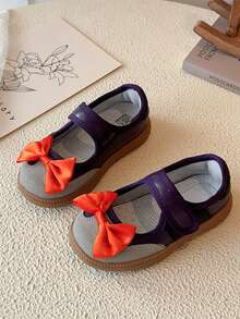 Girls' Colorblock Bow Mary Jane Shoes, Soft Sole, Non-Slip, Breathable, Hook And Loop, Casual Princess Sports Sneakers, Training Shoes - Purple - View 1