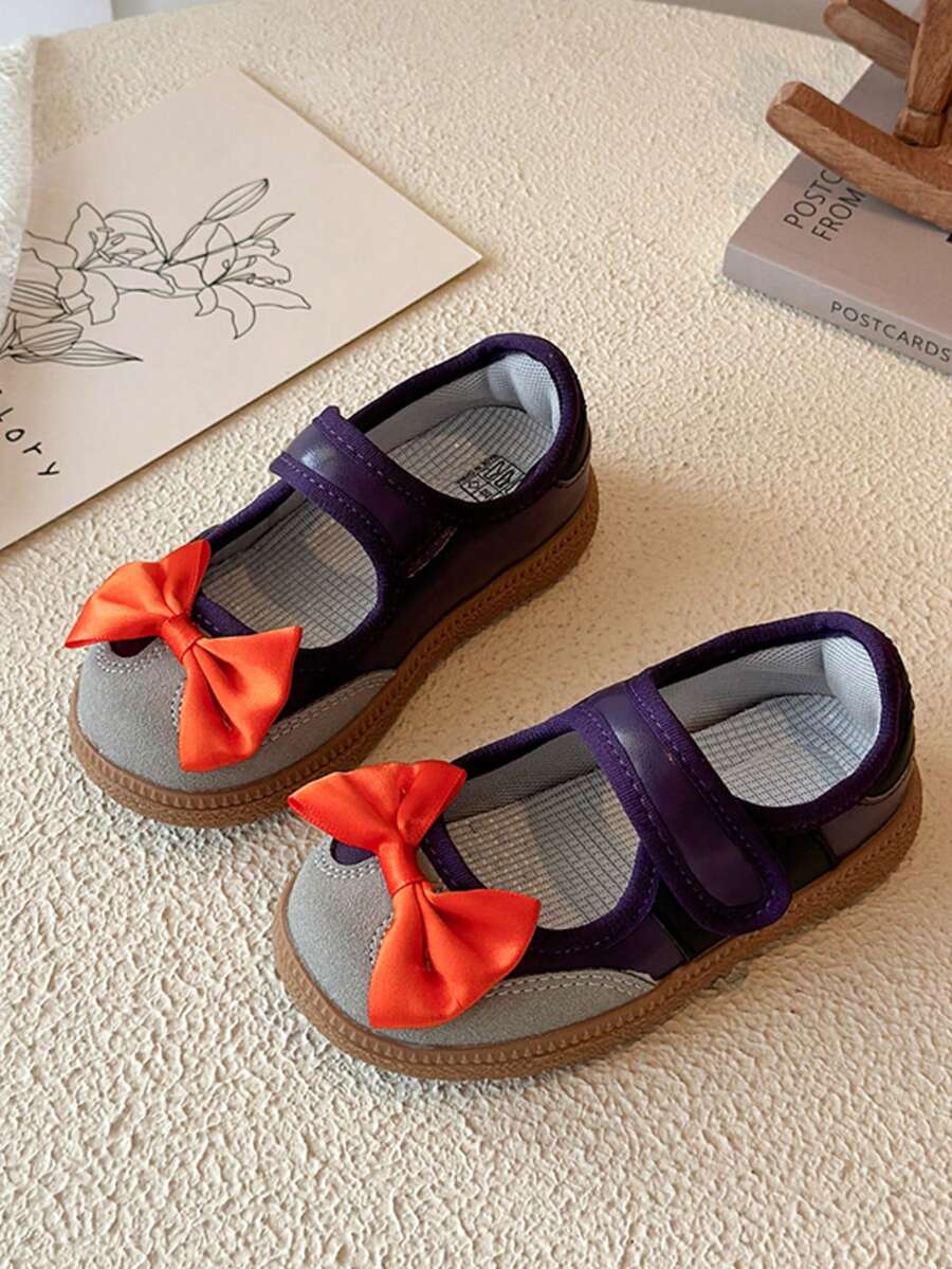 Girls' Colorblock Bow Mary Jane Shoes, Soft Sole, Non-Slip, Breathable, Hook And Loop, Casual Princess Sports Sneakers, Training Shoes - Purple - View 1