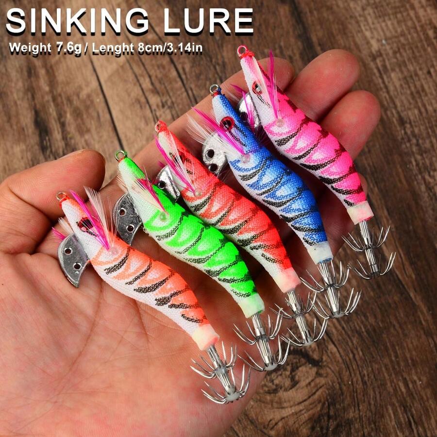 5pcs Sinking Wood Shrimp Lure Set, Sea Fishing Squid Octopus Bait Combination - Multicolor - View 1