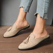 Sepatu Mule Wanita Bahan Suede dengan Rumbai, Sepatu Loafer Slip-On Hak Rendah, Sepatu Datar Nyaman untuk Berpergian - Khaki - View 2