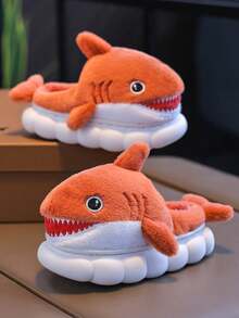 1 Pair Cute Shark Design Kids Slippers Boys Fluffy Cartoon House Shoes Toddler Winter - Orange - View 2