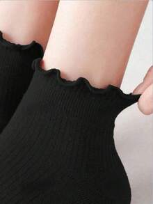 5 Pairs Women's Solid Color Sweet Cute Japanese Style Black Thin Ruffle Socks - Multicolor - View 3