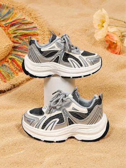 1 Pair Black Mesh Breathable Casual Sports Shoes For Young Students, Thick Sole Height-Increasing Patchwork Fabric Retro Chunky Sneakers, Suitable For Daily Casual, Outdoor Training, Travel, Vacation, Home, Party, Outdoor Wear, New Style For Summer And Autumn