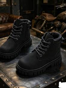 1 Pair Kids Motorcycle Style Boots, Soft PU Round Toe Rubber Sole With Inner Zipper Design, Street Outdoor Short Boots, Suitable For Daily School And Vacation, Autumn/Winter New Style - Black - View 2