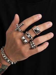5pcs Personalized Punk Rivet Cross Rings, Men's Street Hip-Hop Geometric Metal Accessories, Suitable For Daily Wear, Party, Music Festival, Gift For Family And Friends - Antique Silver - View 1