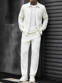 Men's White Long Sleeve Zip-Up Shirt And Casual Pants Set - White - View 5