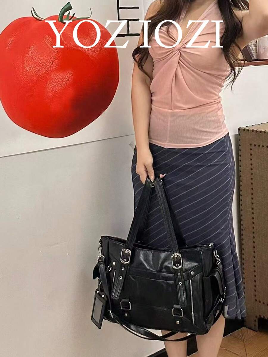 復古 Y2K 極簡通勤托特包女款,單肩斜挎腋下包,美式復古小眾設計,Ins 風次文化日常購物包 - 黑色 - 查看 1